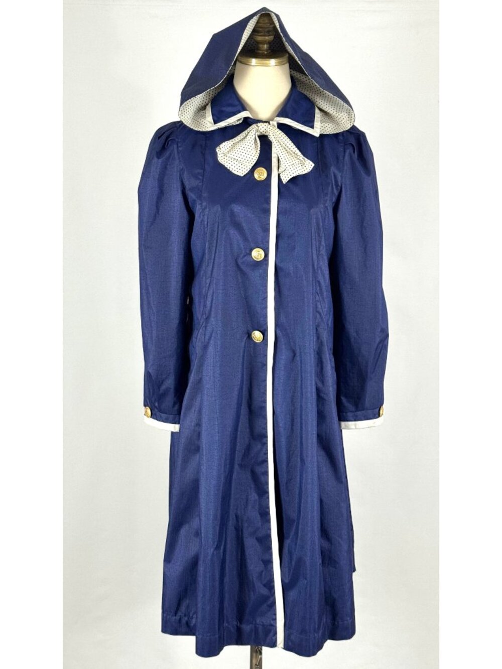 Vtg Rothschild Navy Blue Rain Coat Hooded Bow Puffed Sleeves Pleated Victorian